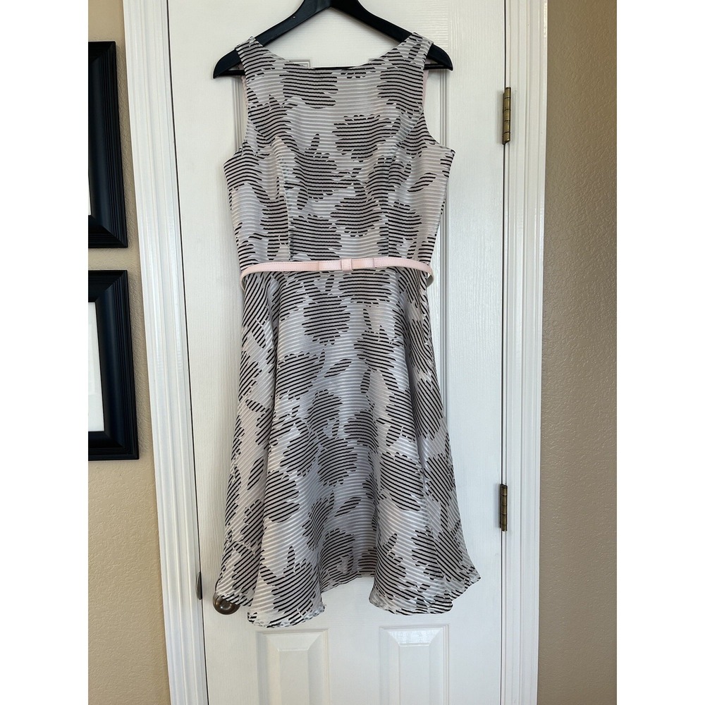 Danny & Nicole Fit & Flare Dress Women 8 Pink Striped Floral Belted Excellent